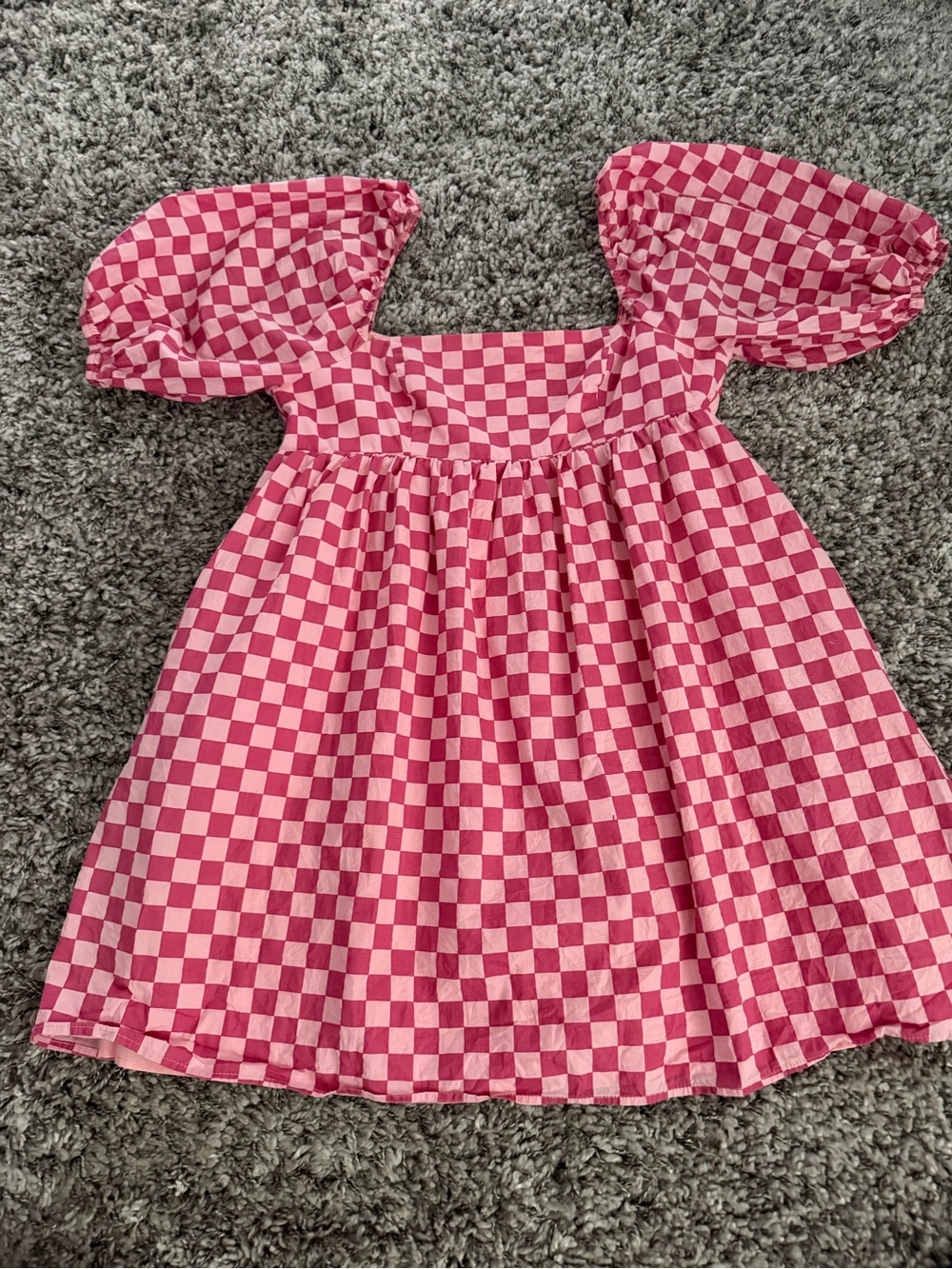 moodie Pink Checkered Square-Neck Puff Sleeve Mini Dress with pockets!